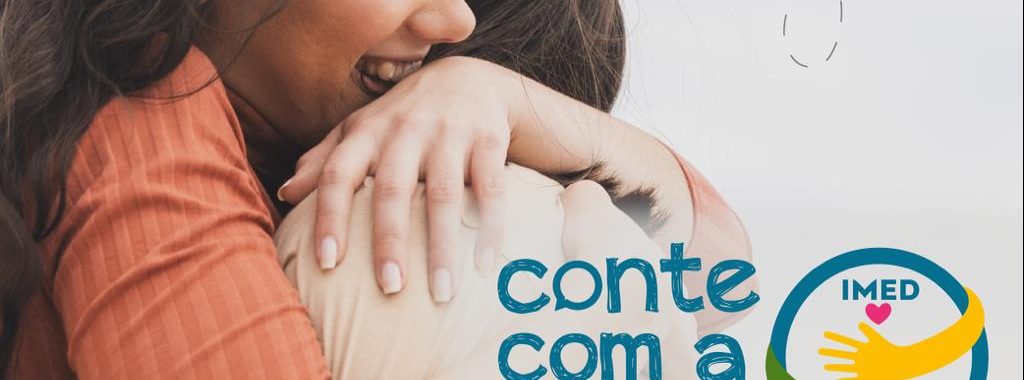 Imagem de duas mulheres se abraçando e se acolhendo acompanhada de logomarca do projeto Conte com a Gente